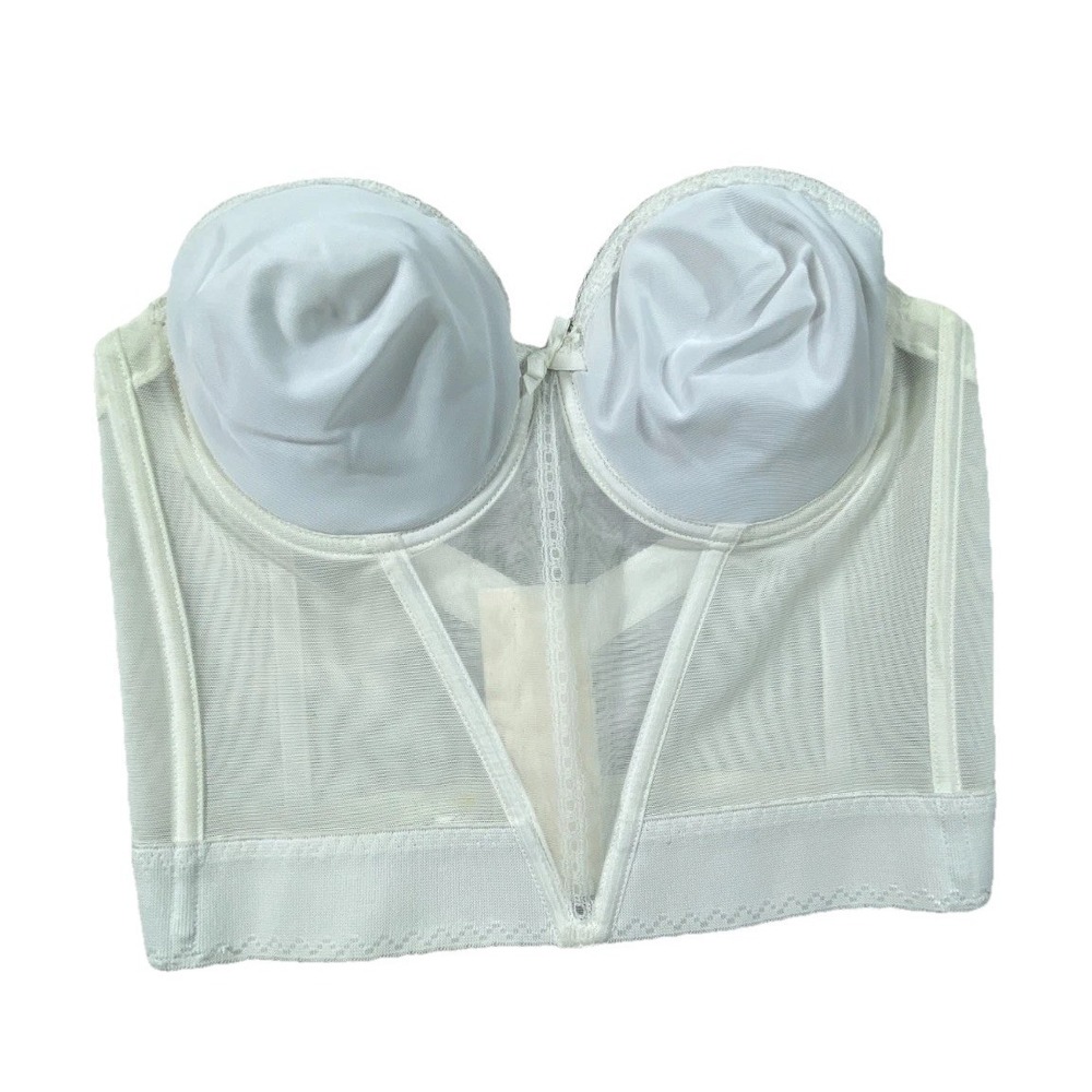 Vintage Exquisite Form Bustier Bra Women 38B White Mesh Boned Longline Strapless
